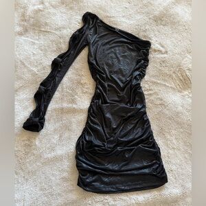 Cameo Black animal print One-Shoulder one arm cutout Ruched mini Dress S